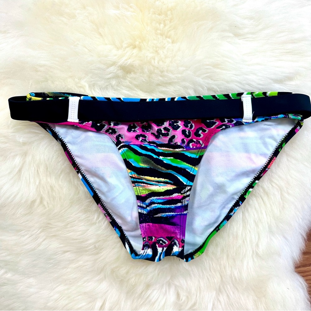 OP Ocean Pacific Vintage Neon Animal Print Black Belted Bikini Bottom SZ M 7-9 - Picture 4 of 9